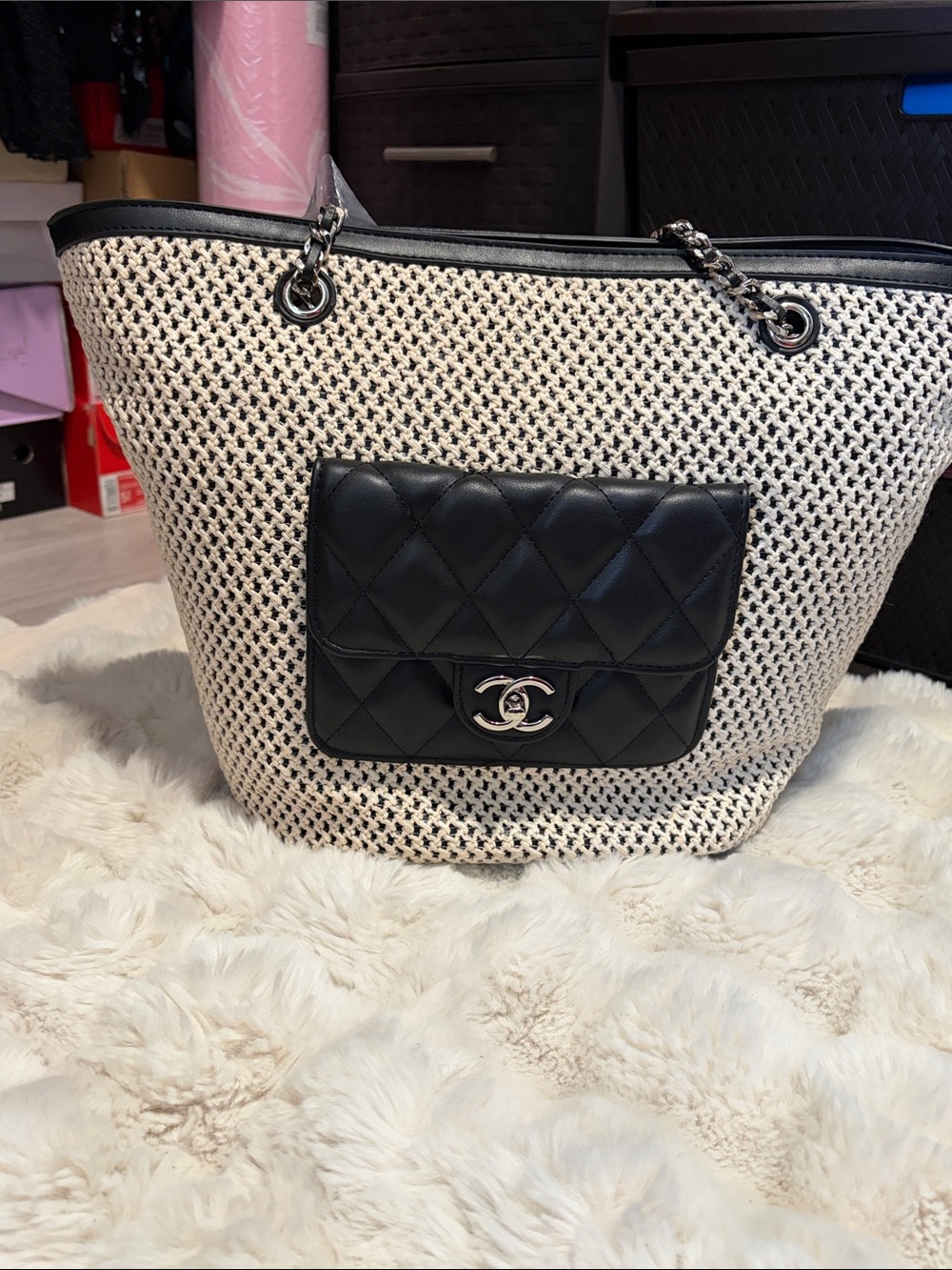 Black and Cream Quilted Front-Pocket Tote